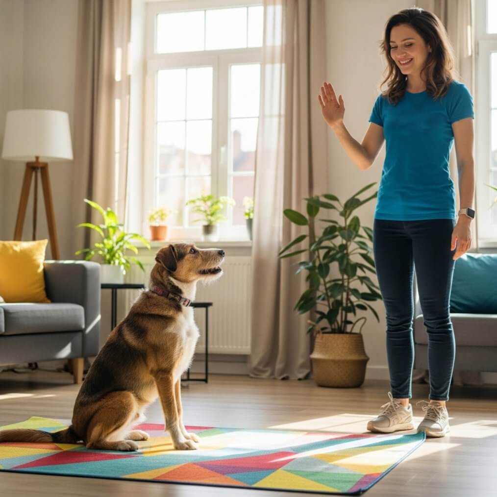 Sandie Calloway teaching a positive obedience stay command to a mixed-breed dog in a living room.