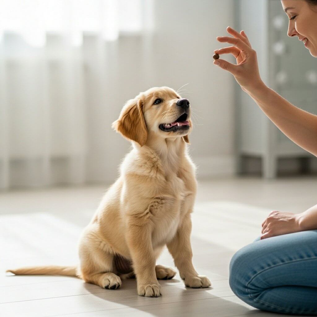 Sandie Calloway of Smarter Paws Academy using a treat for positive reinforcement puppy training with a Golden Retriever puppy.