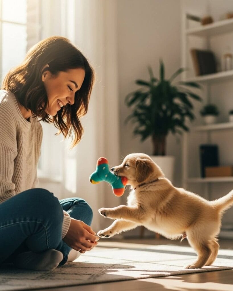 A smiling woman playing on the floor with her happy golden retriever puppy, demonstrating a positive bond through play.