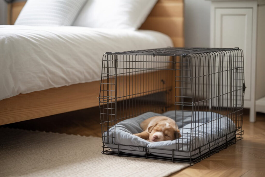 A puppy crate placed next to a bed, the ideal location to help a puppy feel secure and stop barking in the crate at night.