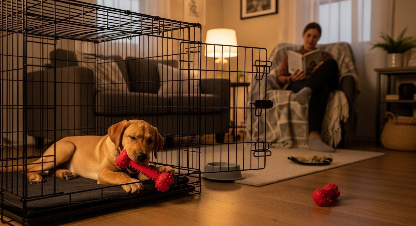 Labrador puppy calmly chewing on a toy inside a closed dog crate while a person sits nearby during short-duration crate training.