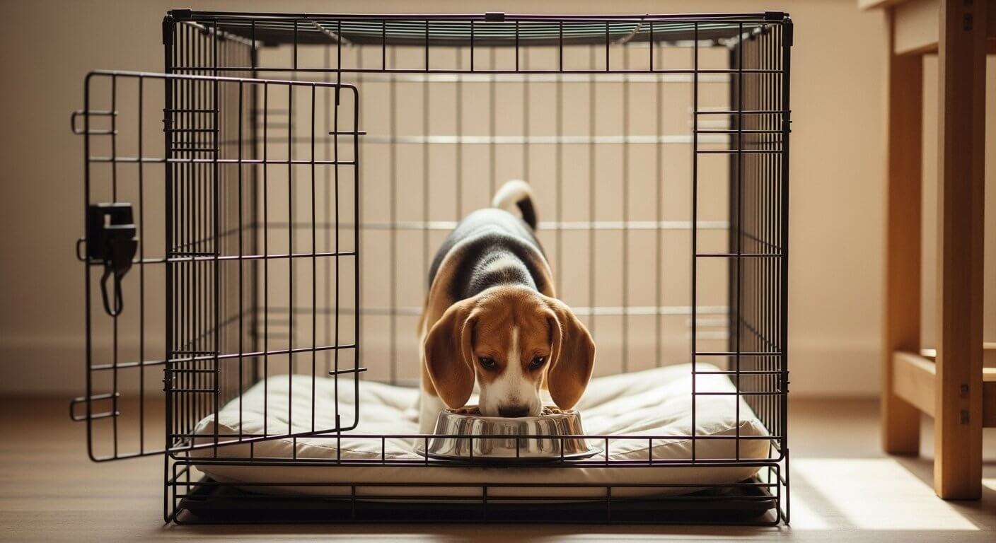 Beagle puppy eating from a food bowl inside an open dog crate during crate training mealtime routine.