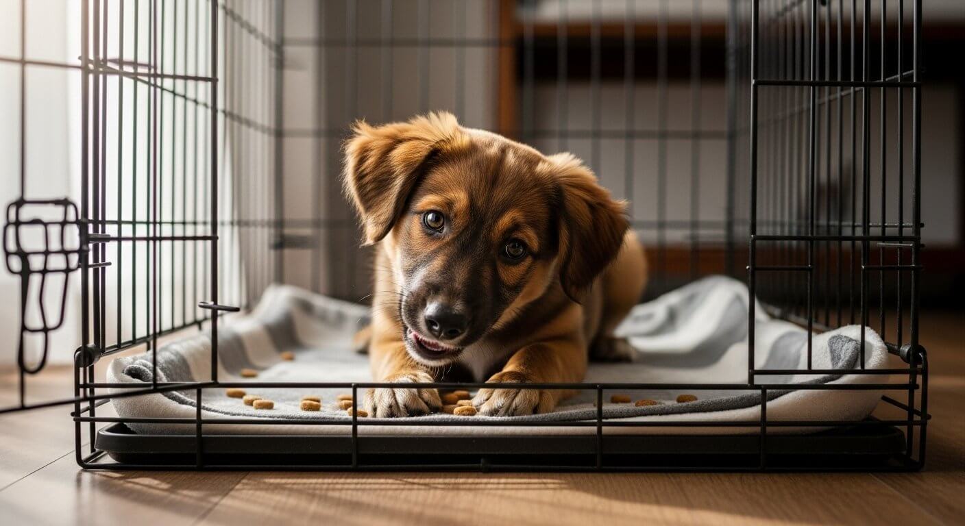 Puppy happily entering or inside an open dog crate with treats during positive crate training session.