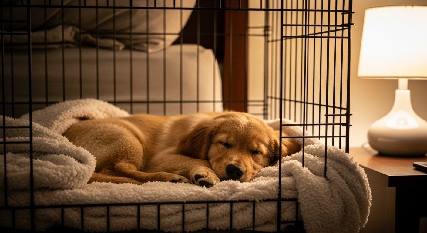 A happy puppy sleeping quietly in its crate at night, demonstrating the success of positive crate training.