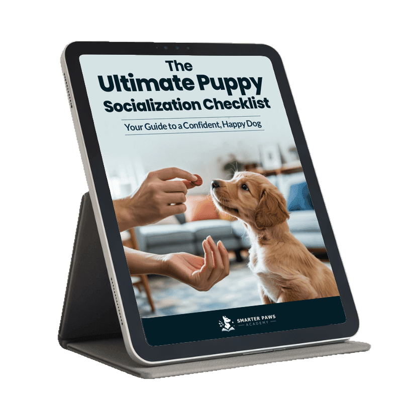 A mockup of the Smarter Paws Academy Puppy Socialization Checklist displayed on a tablet, showcasing the free guide.