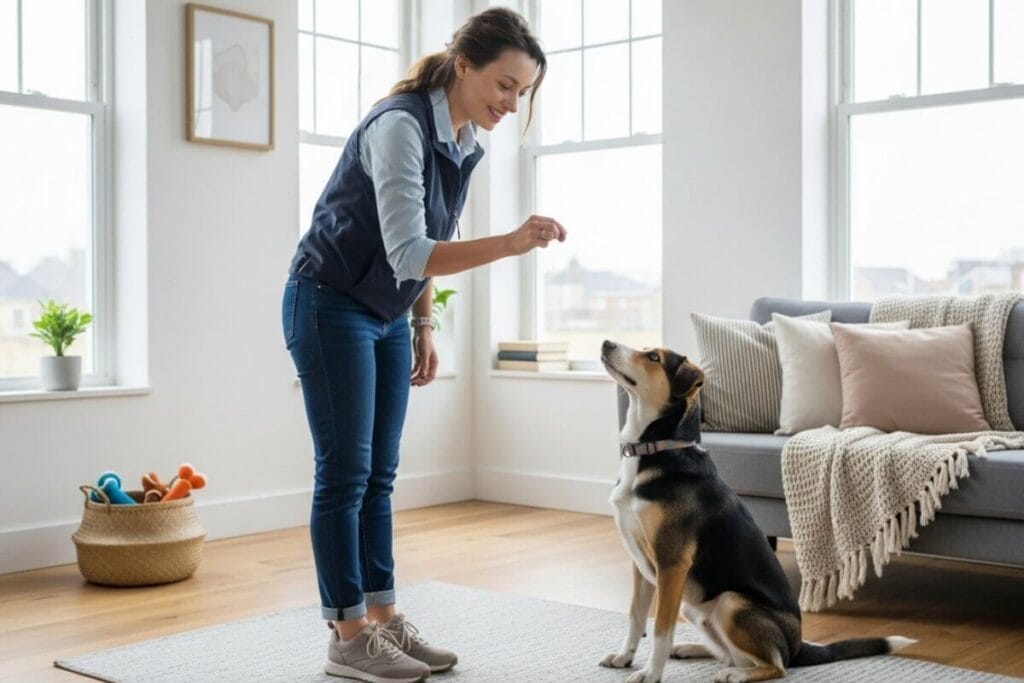 Certified trainer Sandie Calloway demonstrates positive reinforcement, the best alternative to a harsh stop dog barking device.