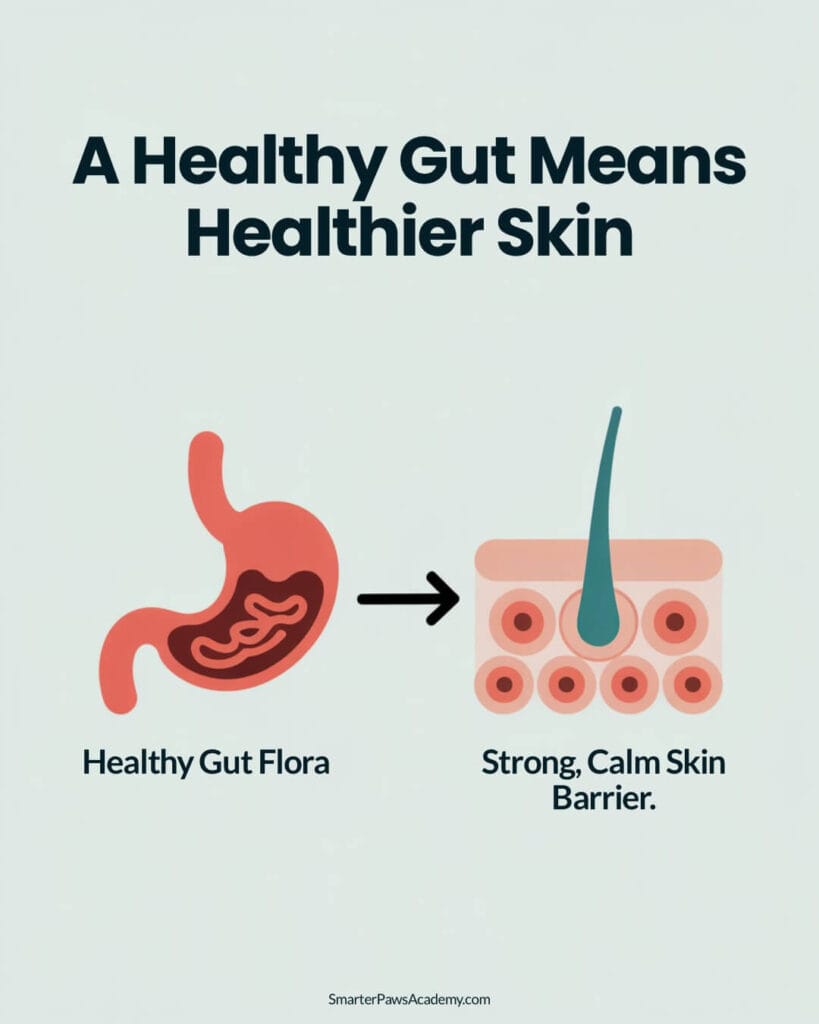 Infographic explaining how a healthy gut flora, promoted by the best dry dog food for skin allergies, strengthens a dog’s skin barrier and reduces allergy-related irritation.