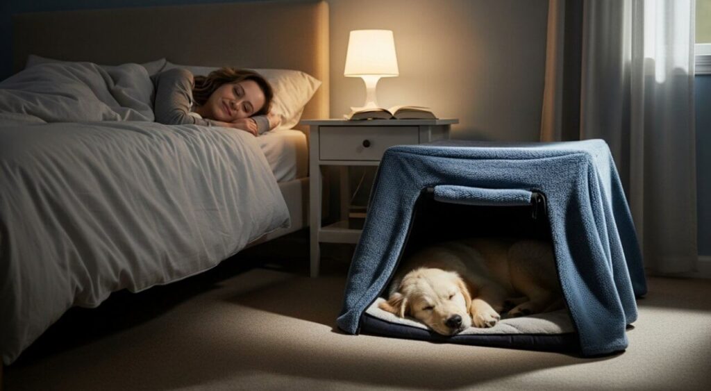 A puppy sleeping peacefully in its crate at night, demonstrating the success of a humane guide to stop puppy barking in the crate.
