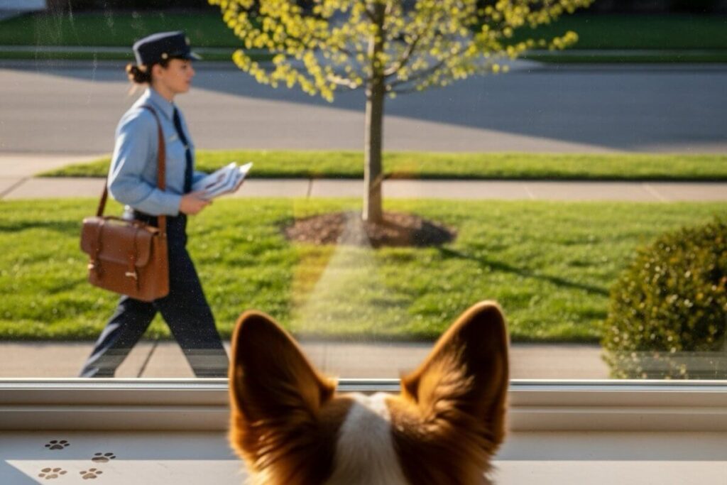 A dog looking out a window at a mail carrier, a common trigger that can be managed with positive solutions instead of a dog barking deterrent.