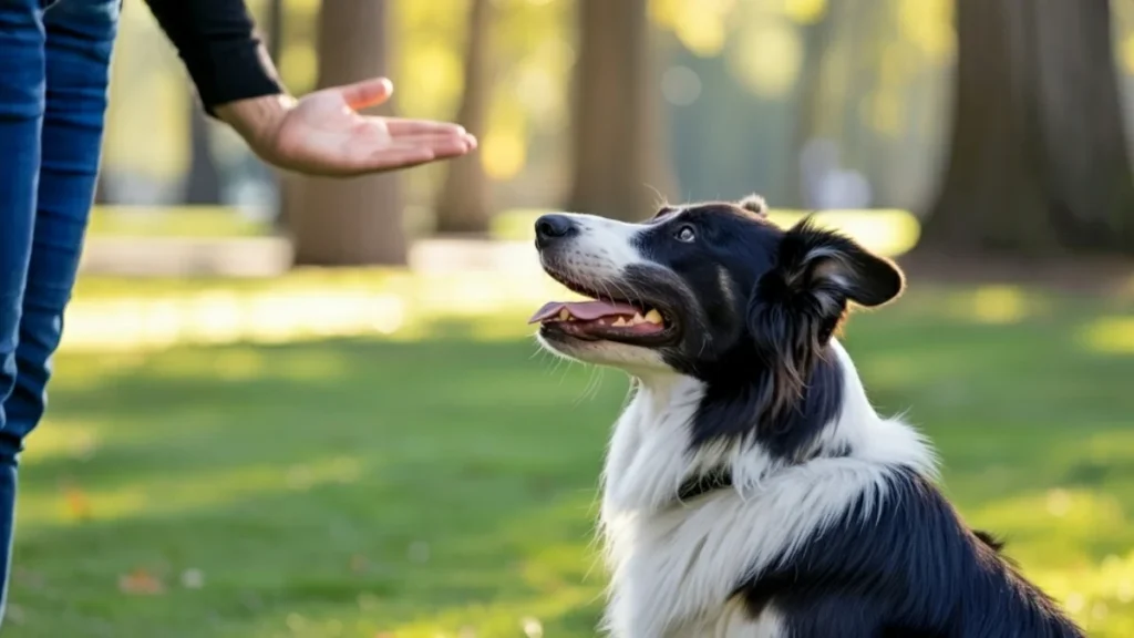 A person using dog training hand signals to communicate with their Border Collie in a park.