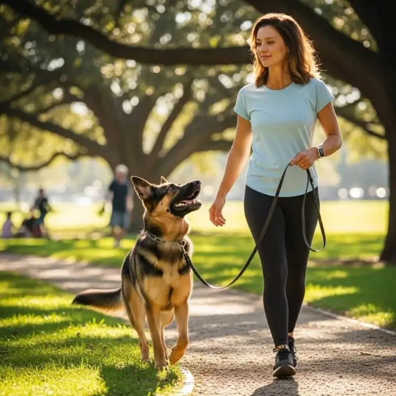 Sandie Calloway demonstrating a positive dog behavior solution by walking a German Shepherd on a loose leash in a park.