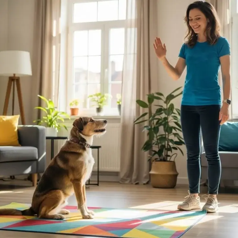 Sandie Calloway teaching a positive obedience stay command to a mixed-breed dog in a living room.