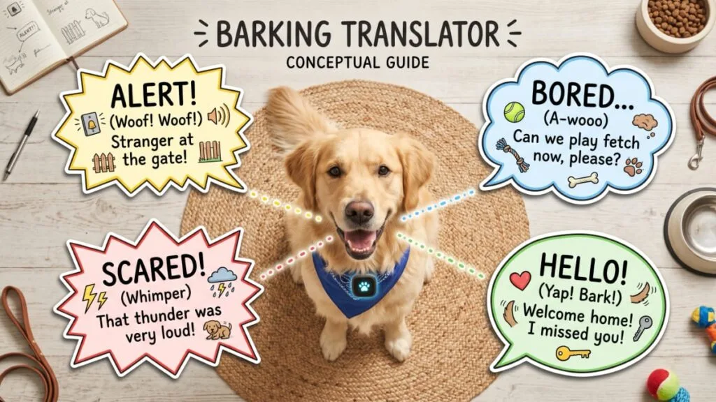 Infographic showing why dogs bark, mapping the main types of barking a certified trainer identifies.