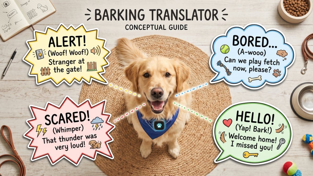 Infographic showing why dogs bark, mapping the main types of barking a certified trainer identifies.
