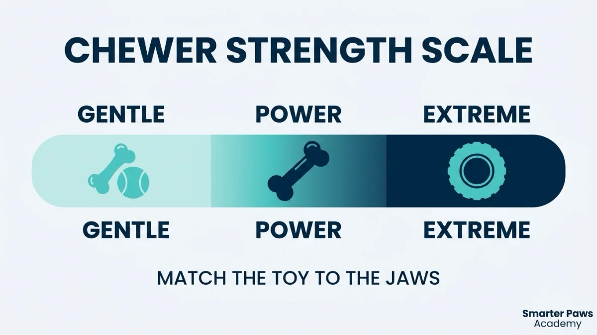 A chewer strength scale matching dog toy durability to chewing style.