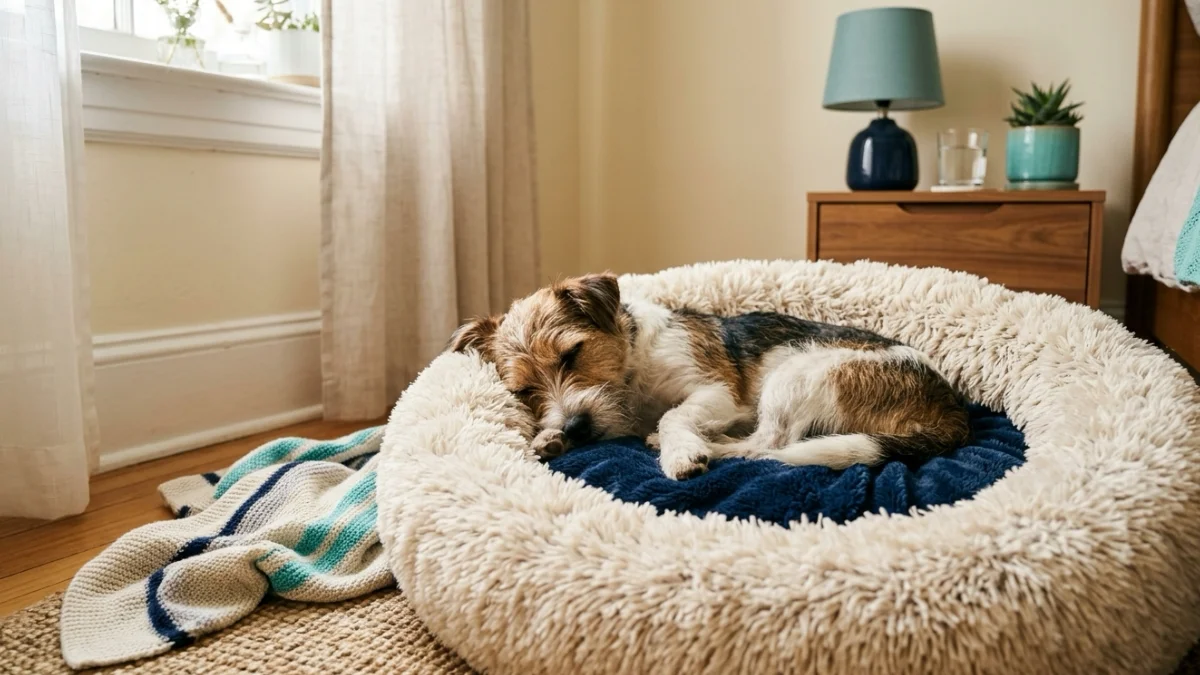 A relaxed dog curled up in a cozy calming bed.