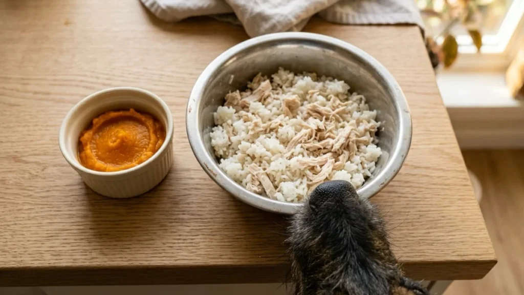 A bland diet for a dog with diarrhea: plain rice, boiled chicken and pumpkin in a steel bowl on a kitchen counter.