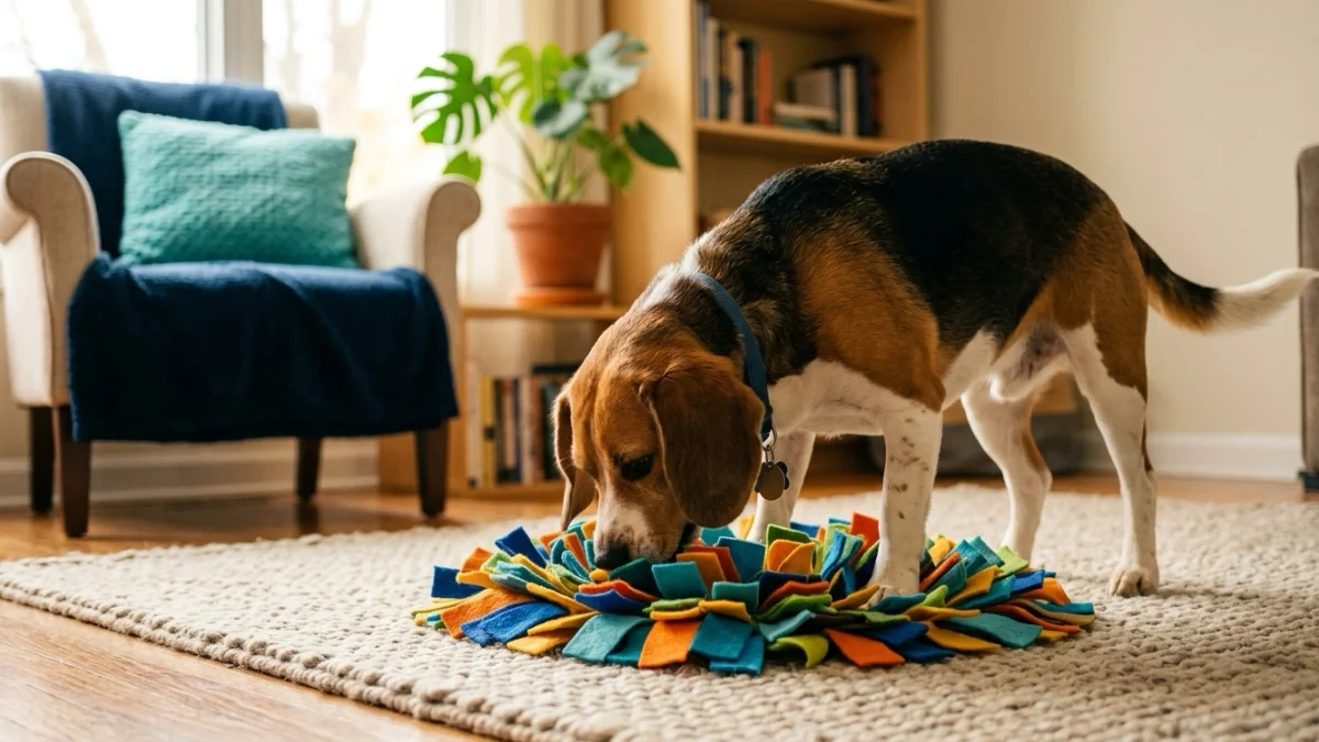 A dog happily working on a treat puzzle toy.