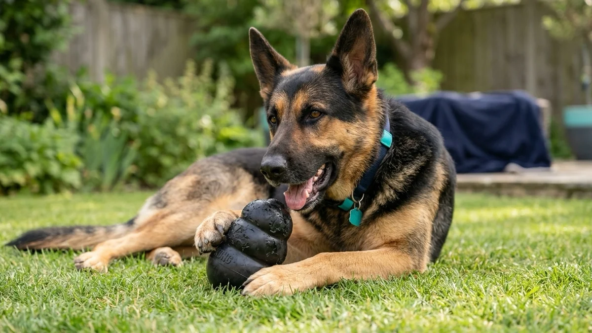 A powerful chewer safely enjoying a durable rubber dog toy built for aggressive chewers.