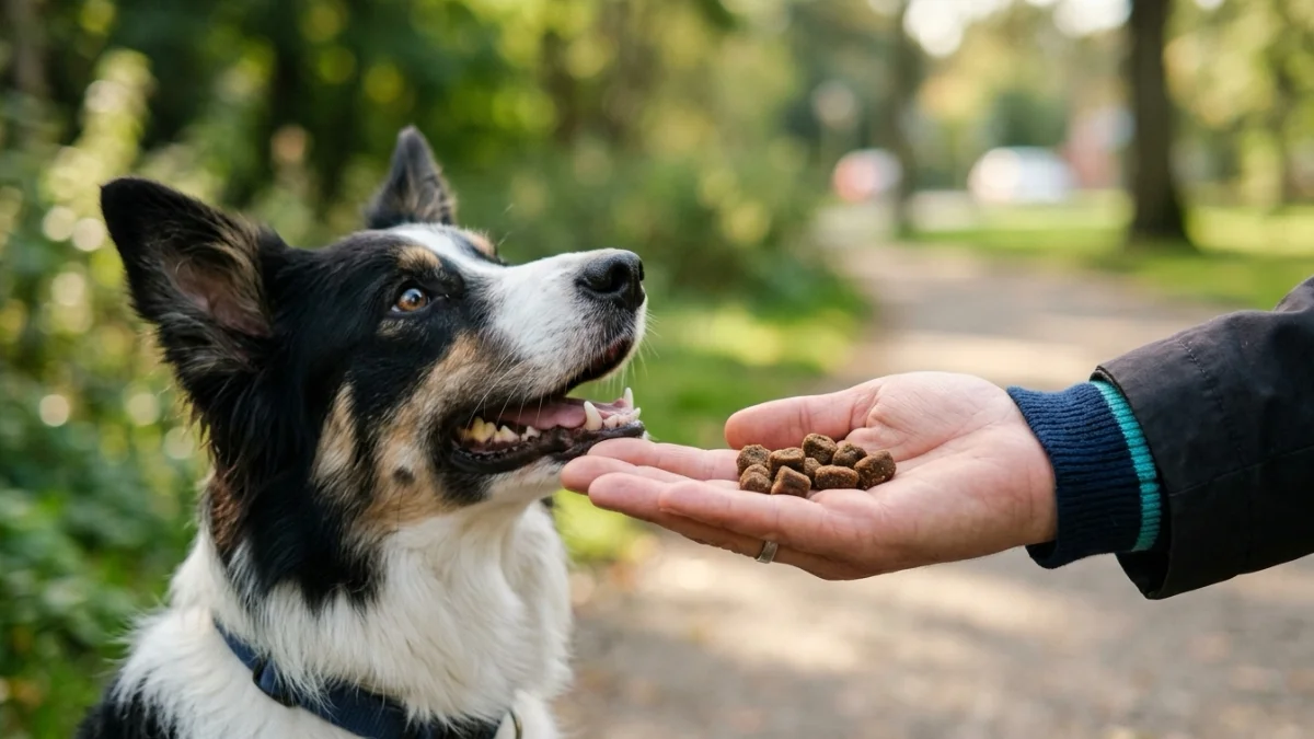 A hand holding tiny soft training treats with an eager dog looking up.