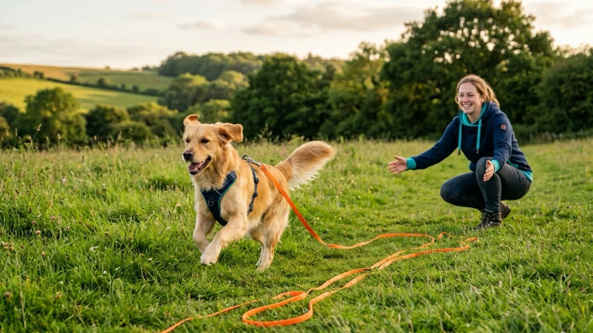 A dog running back to its owner on a long training line.