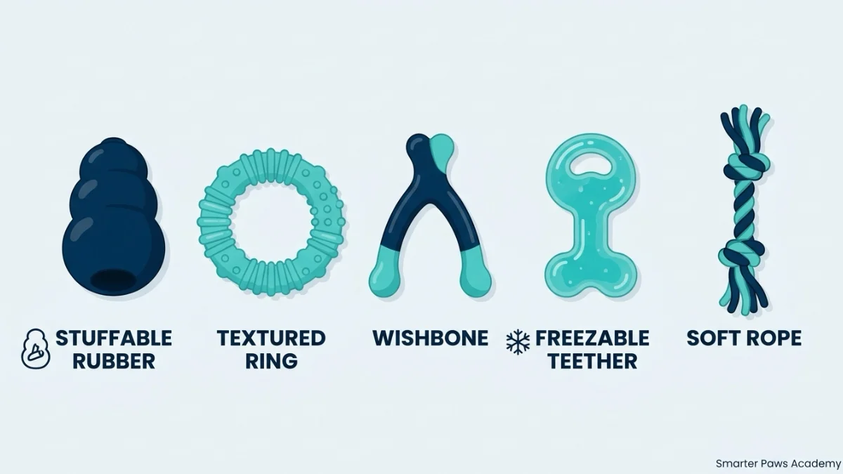 Five types of puppy chew toys labeled by type.