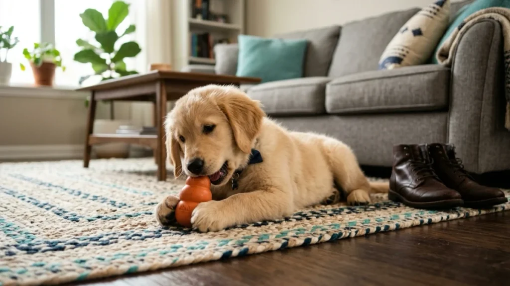 A teething puppy chewing a safe rubber chew toy instead of household items.