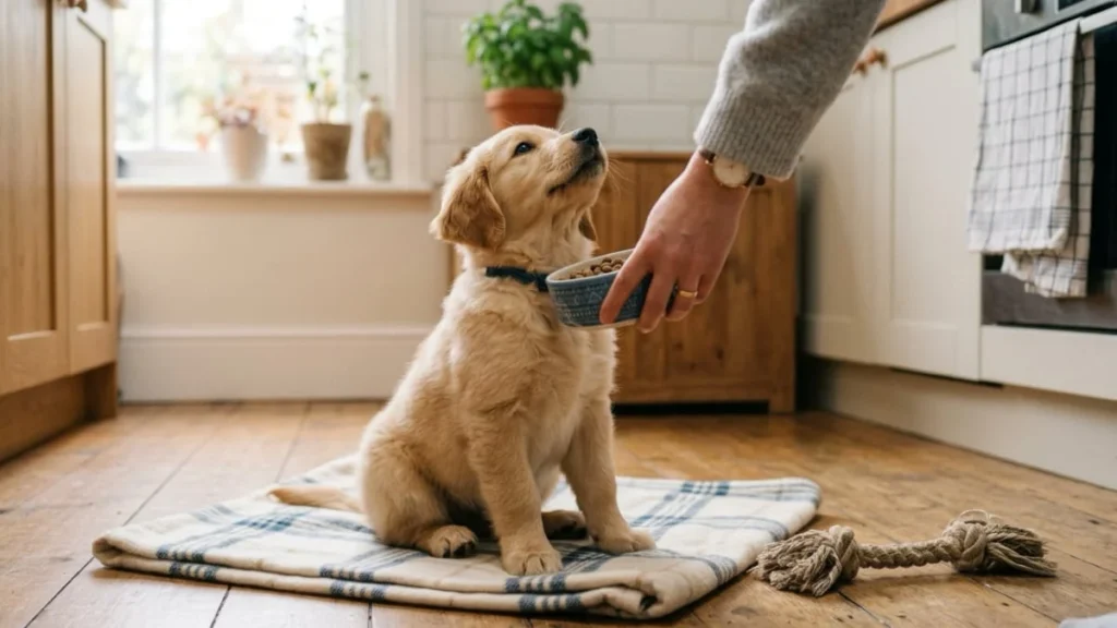 A golden retriever puppy sitting politely as a bowl of sensitive stomach puppy food is lowered in a bright kitchen.