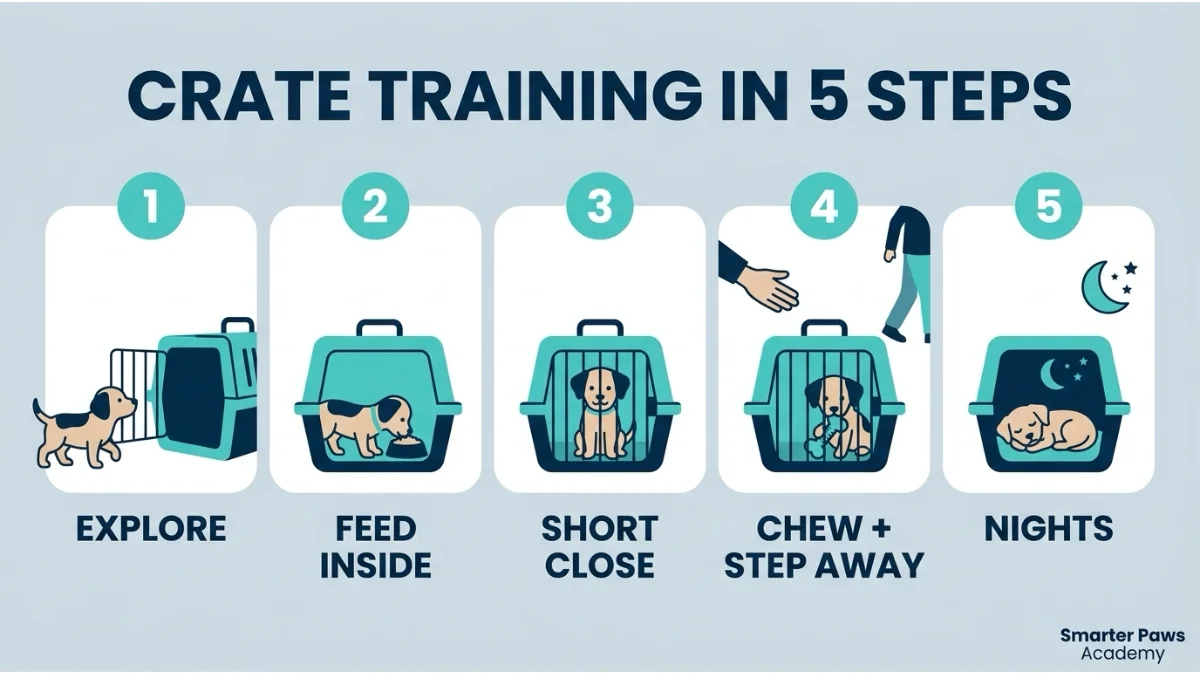 Five-step infographic showing how to crate train a puppy with positive reinforcement.