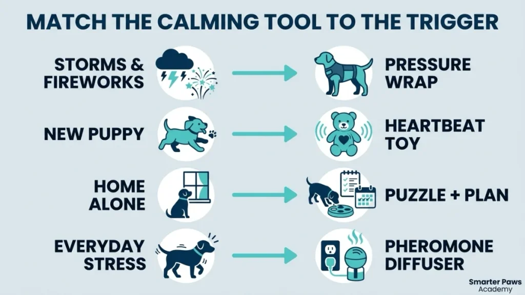 Flowchart matching dog anxiety triggers to the best calming product.