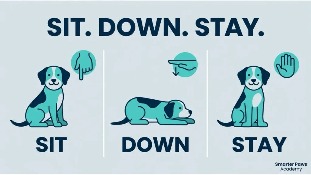 Three-panel guide showing a dog performing sit, down, and stay.
