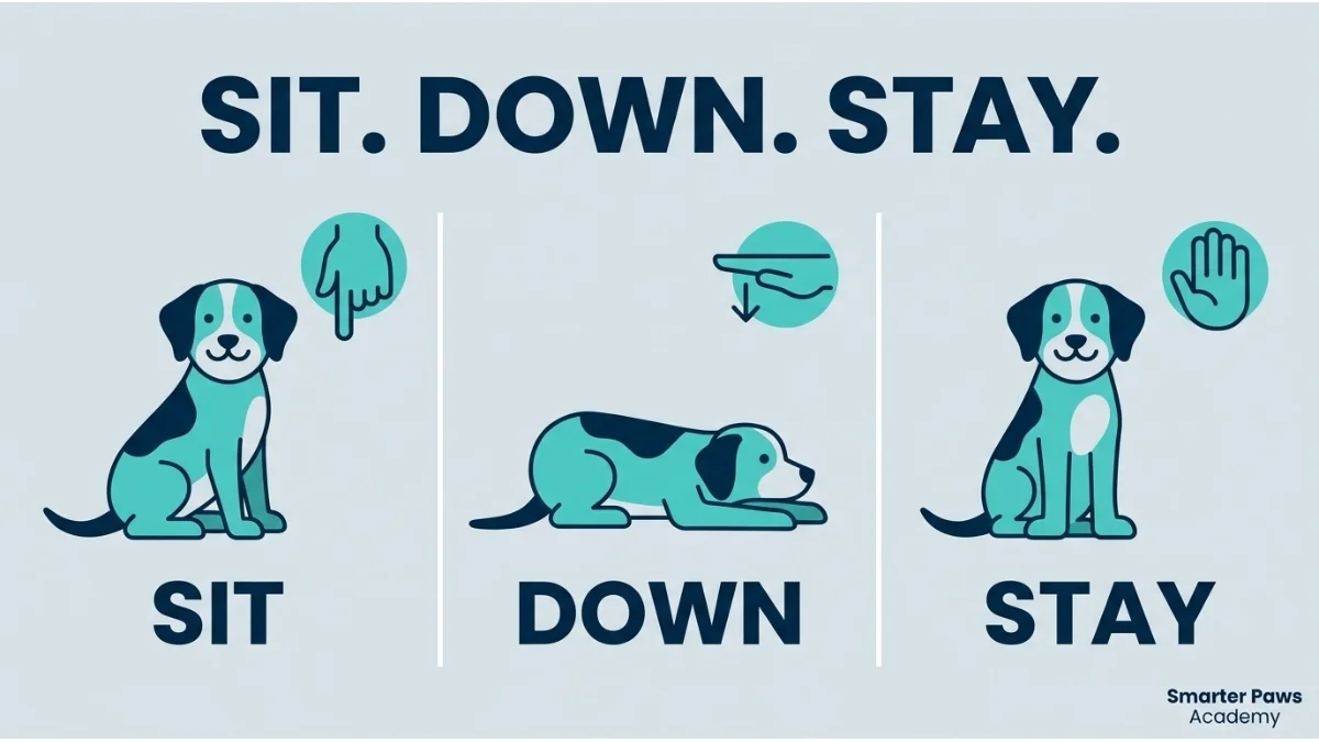 Three-panel guide showing a dog performing sit, down, and stay.