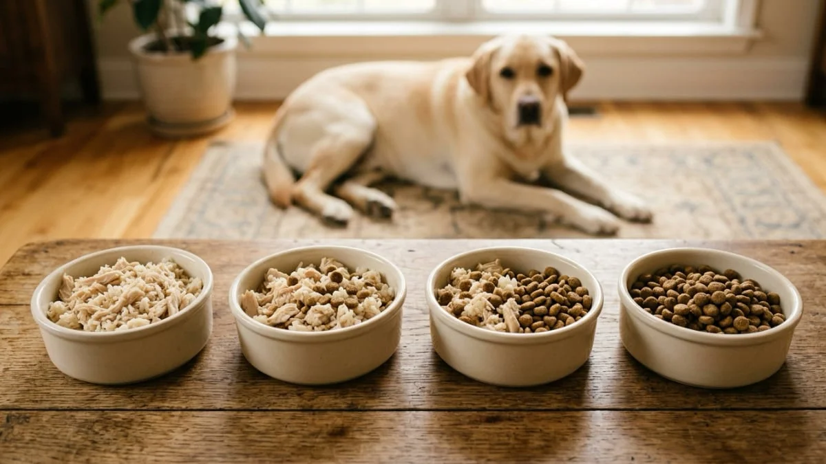 Four dog bowls showing a gradual switch from chicken and rice back to kibble after diarrhea, with a Labrador watching.