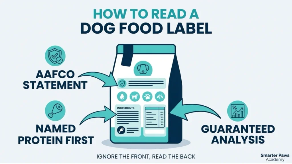 Annotated dog food label showing the AAFCO statement, ingredients, and guaranteed analysis.