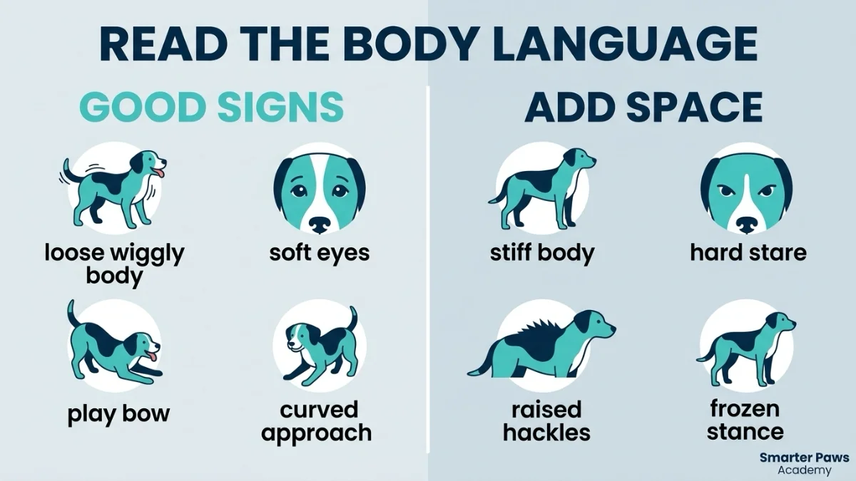 Dog body language chart showing relaxed signs versus tense warning signs.