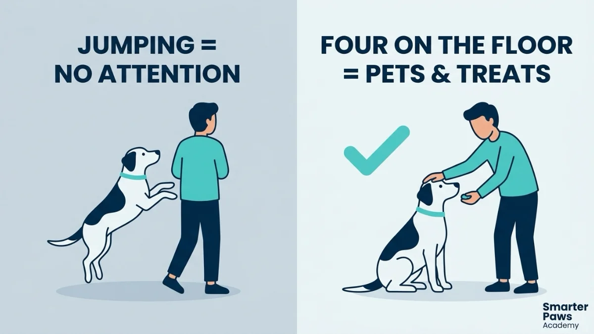 Before and after: a jumping dog versus a dog sitting to greet.
