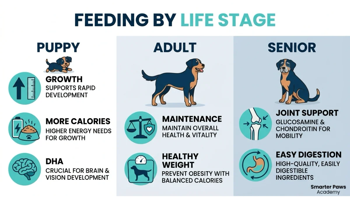 Dog nutrition needs by life stage: puppy, adult and senior.