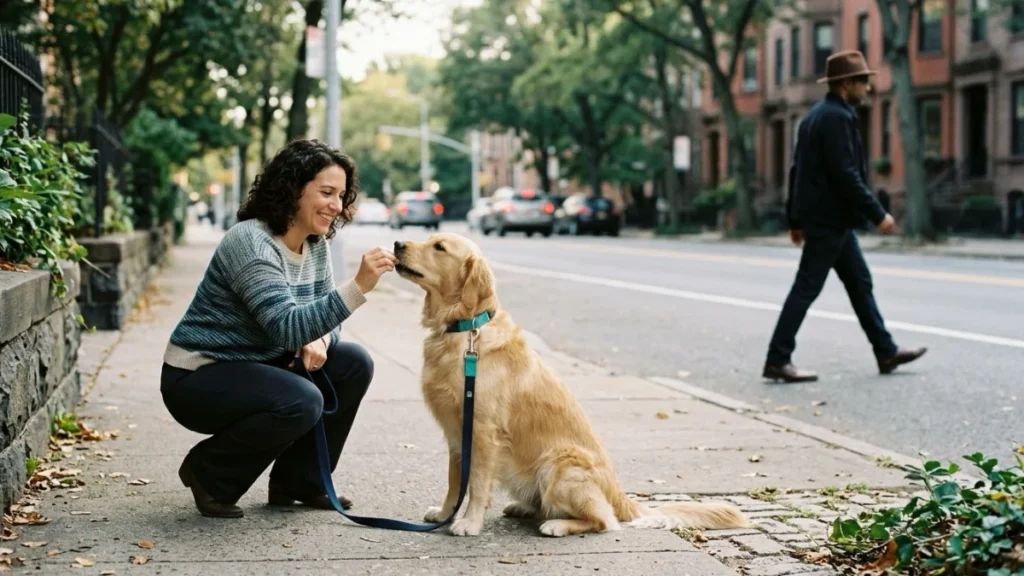 A person passing at a distance while a dog stays calm during counterconditioning.