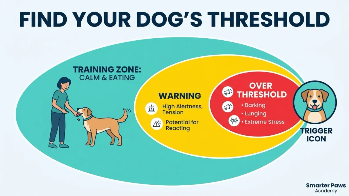 Diagram showing dog reactivity threshold zones by distance from a trigger.