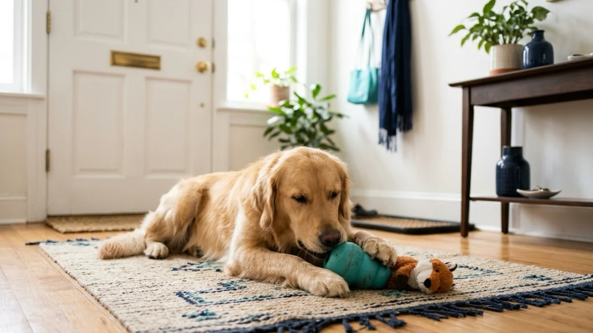 A calm dog resting alone at home with a stuffed chew toy.