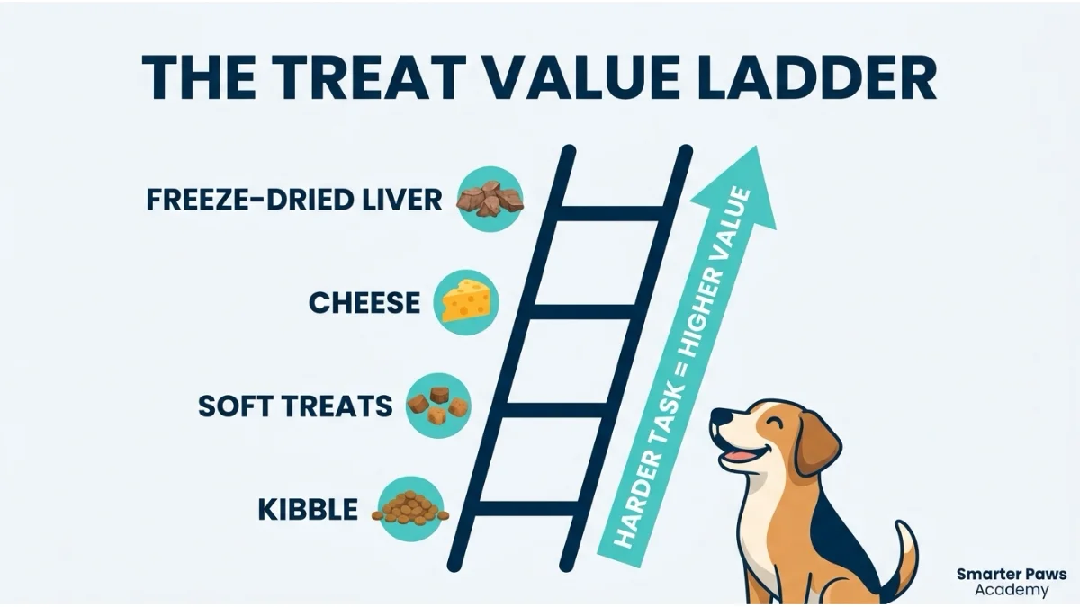 Infographic showing a dog training treat value ladder from kibble to high-value freeze-dried liver.