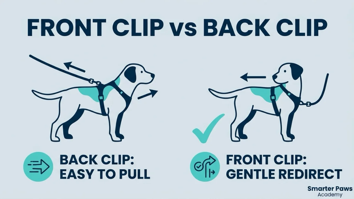 Diagram comparing front-clip and back-clip dog harnesses for pulling.