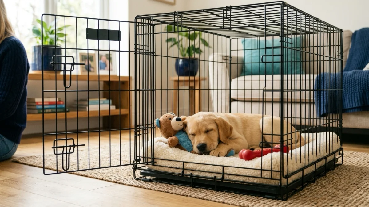 A puppy resting calmly in an open crate with soft bedding.