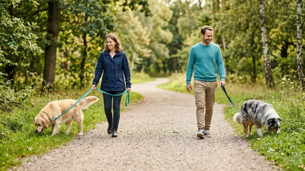 Two dogs on a calm parallel walk during a positive introduction.