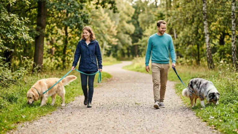 Two dogs on a calm parallel walk during a positive introduction.