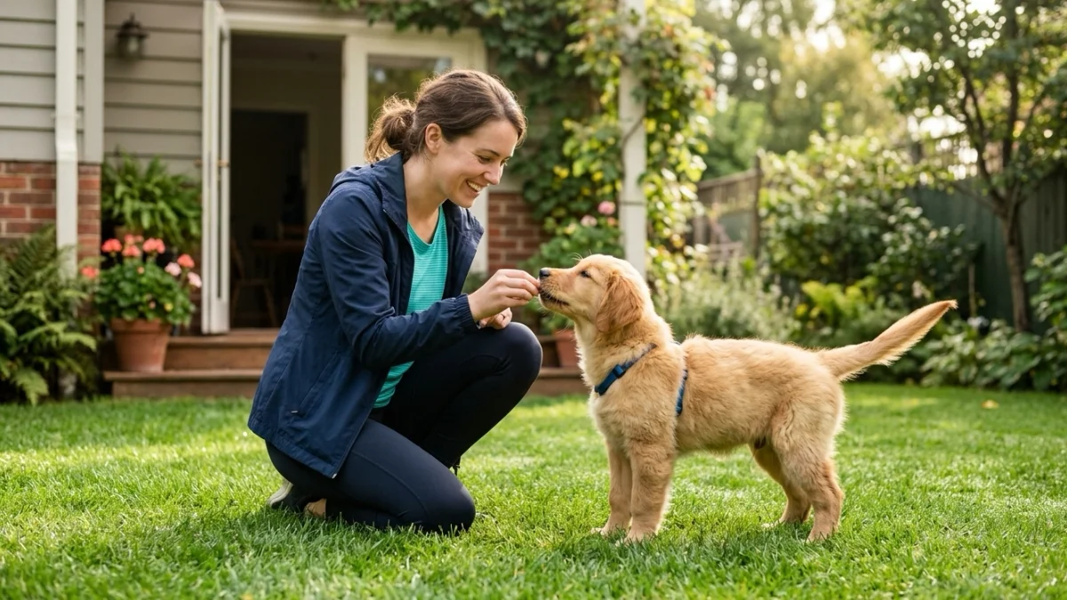 A puppy being rewarded outside right after going potty.