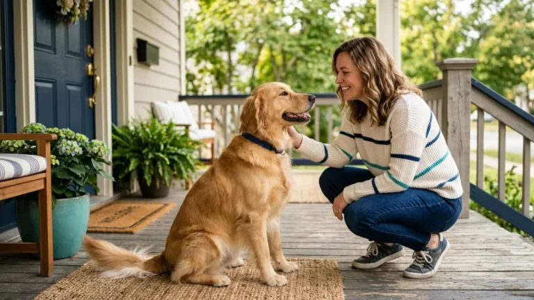 A dog sitting politely to greet a person instead of jumping up.