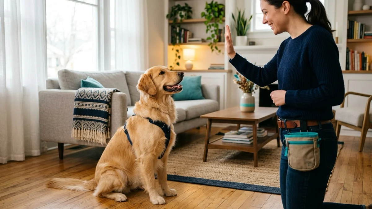 A dog sitting on cue while watching its owner's hand signal.