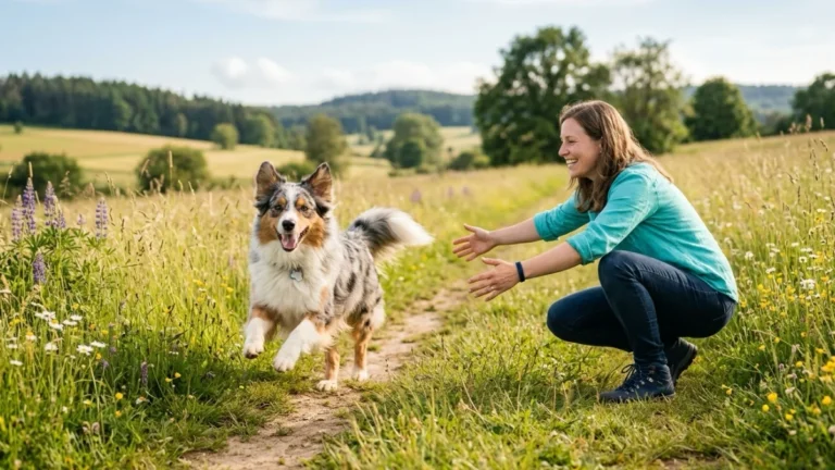 A dog happily running back to its owner during positive recall training.