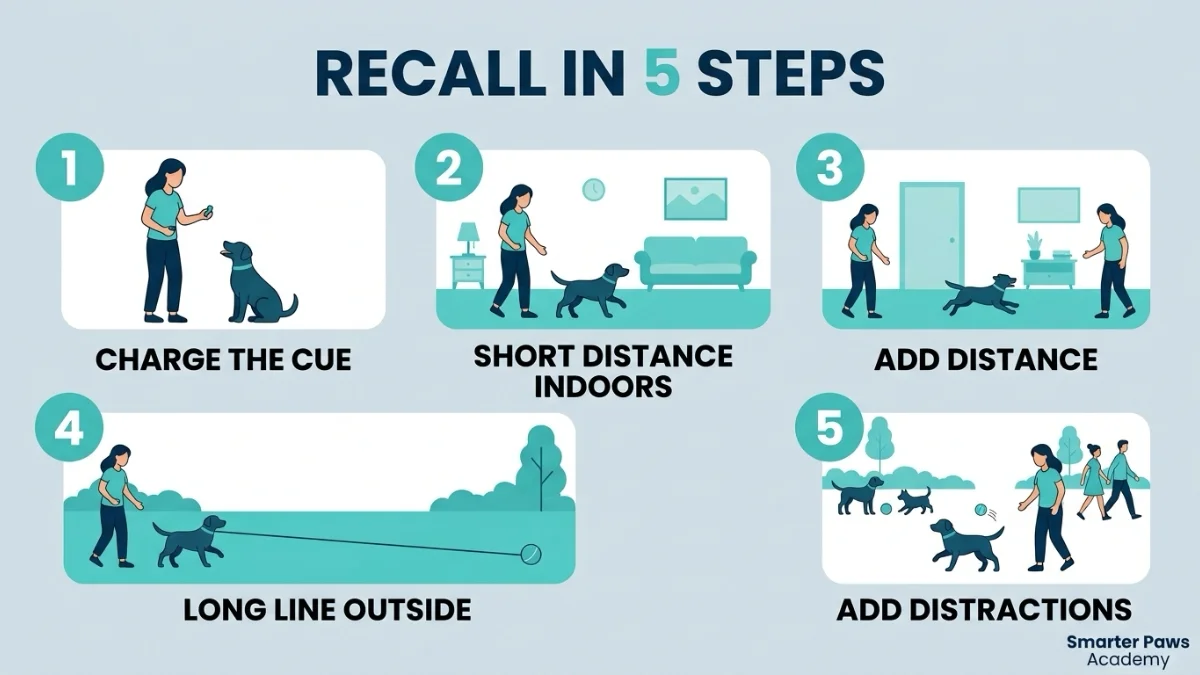 Five-step infographic for teaching a dog to come when called.